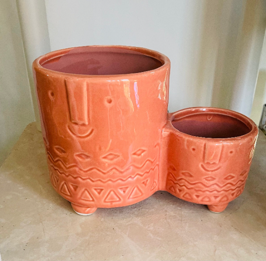 Face Pot Pair, Orange Ceramic Cover Plant Pot