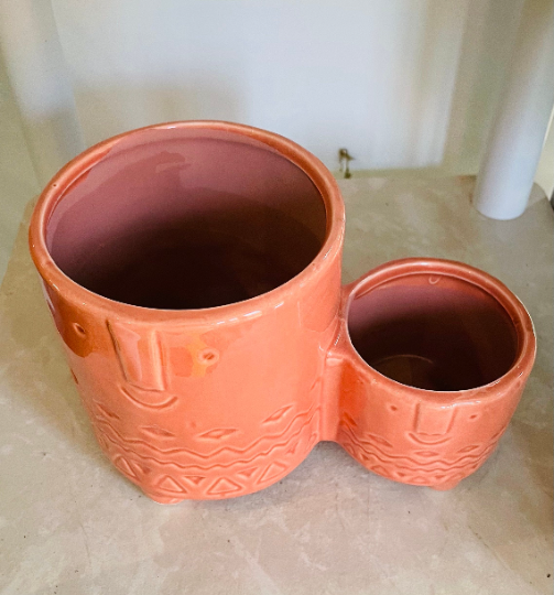 Face Pot Pair, Orange Ceramic Cover Plant Pot
