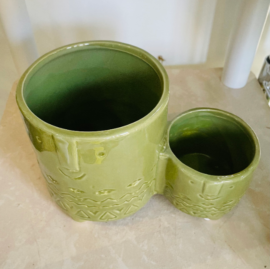 Face Pot Pair, Green Ceramic Cover Plant Pot